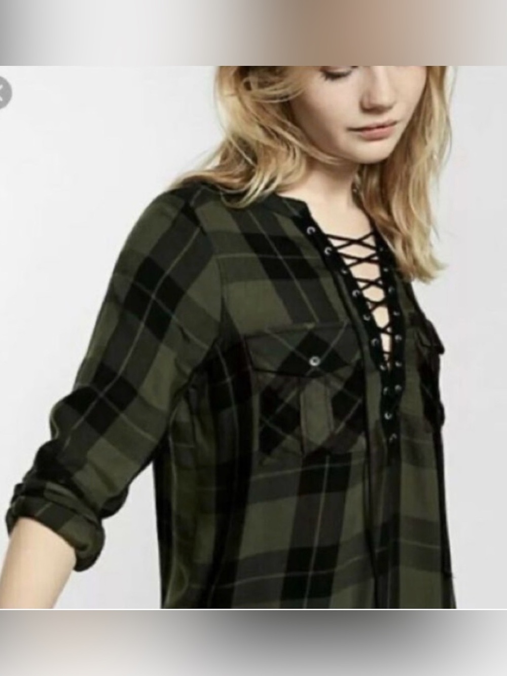 Express Olive Green and Black Plaid Lace-Up Button Down Shirt